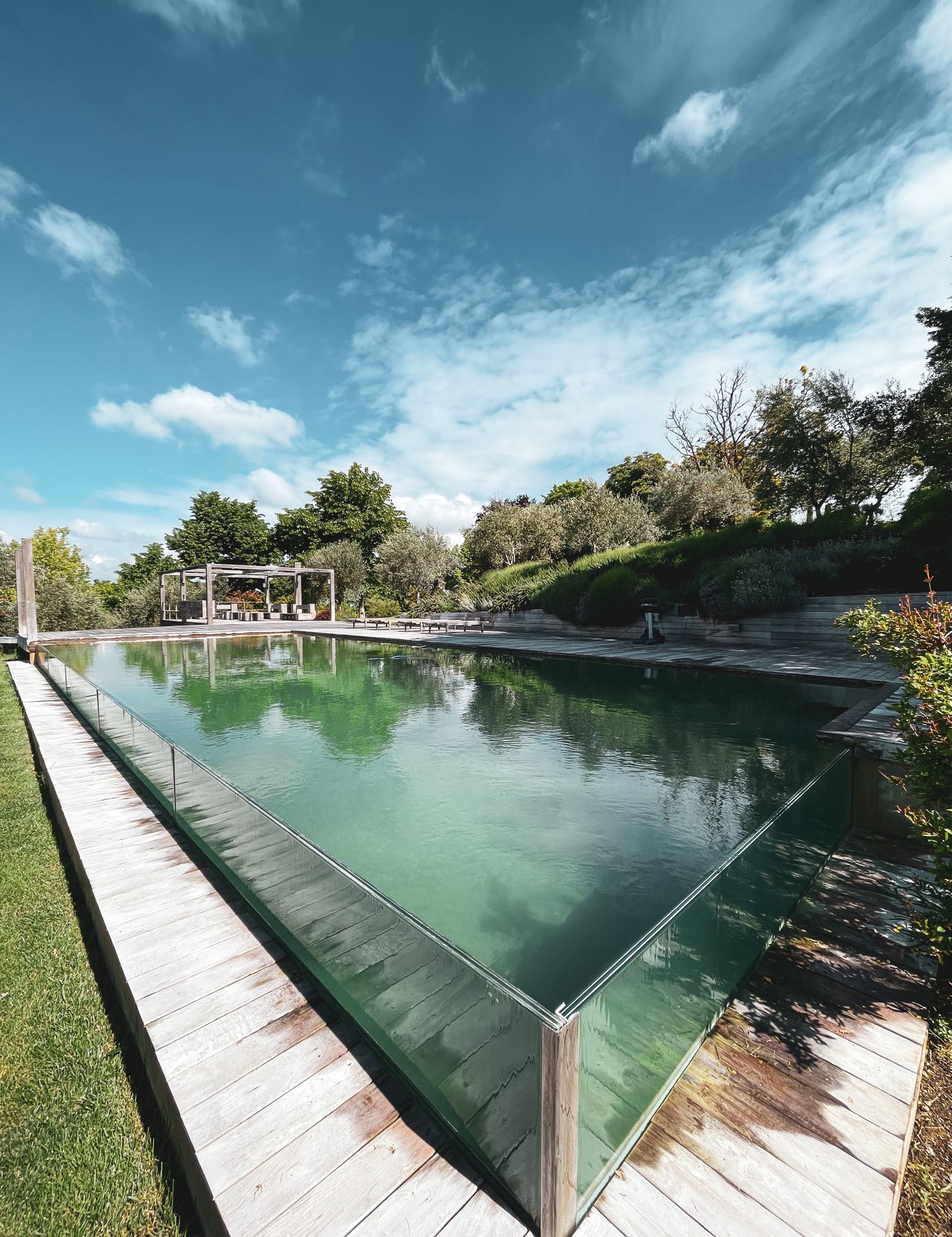 Piscina e pergola in legno nel giardino